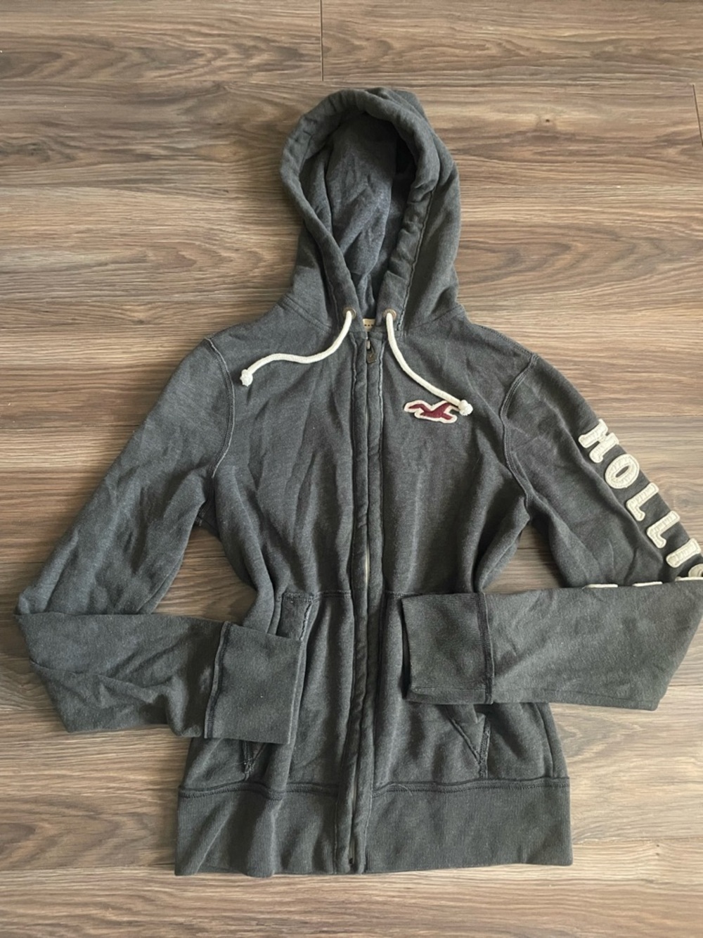 Hollister Women's Dark Gray Hooded Zip-Up Jacket with Logo